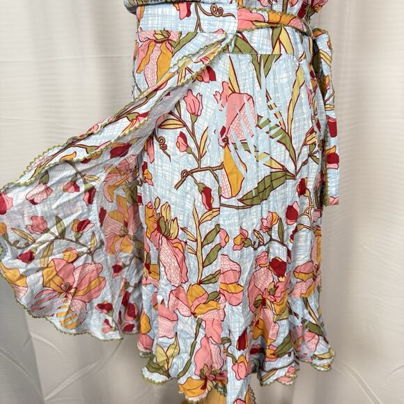 Poupette St. Barth Size Large Aude Wrap Mini Dress Blue Floral Ruffle Feminine - Picture 5 of 12